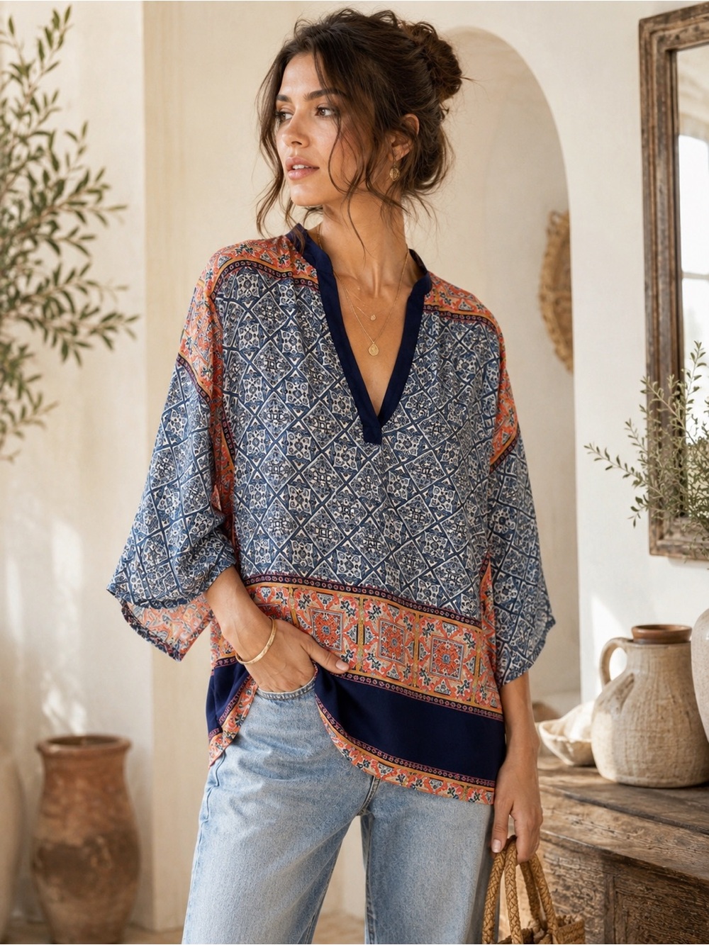 305. Zara Blue and Orange Patterned V-Neck Blouse